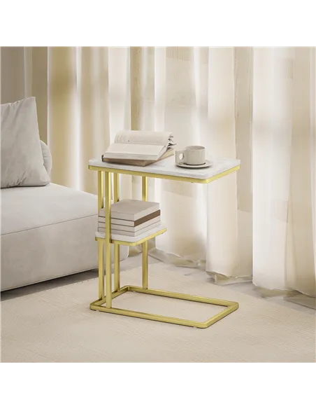 HOMCOM C-Shaped Narrow Side Table, 2-Tier Slim End Table, Nightstand for Small Spaces, Living Room, Bedroom, White Marble Grain