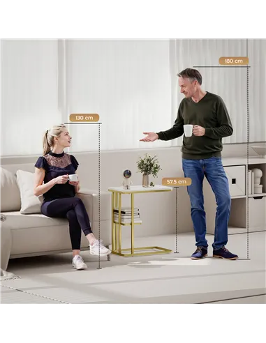 HOMCOM C-Shaped Narrow Side Table, 2-Tier Slim End Table, Nightstand for Small Spaces, Living Room, Bedroom, White Marble Grain