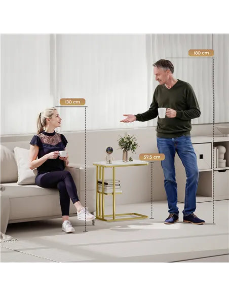 HOMCOM C-Shaped Narrow Side Table, 2-Tier Slim End Table, Nightstand for Small Spaces, Living Room, Bedroom, White Marble Grain