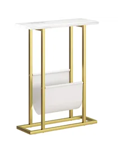 HOMCOM Narrow Side Table, End Table with Magazine Holder, Nightstand for Small Spaces, Living Room, Bedroom, White Marble Grain