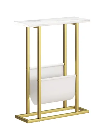 HOMCOM Narrow Side Table, End Table with Magazine Holder, Nightstand for Small Spaces, Living Room, Bedroom, White Marble Grain