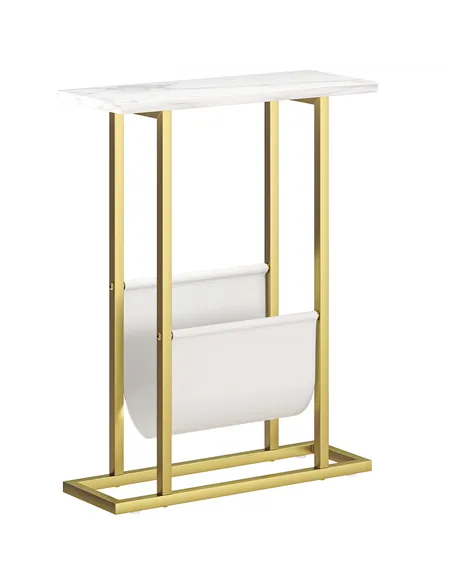 HOMCOM Narrow Side Table, End Table with Magazine Holder, Nightstand for Small Spaces, Living Room, Bedroom, White Marble Grain