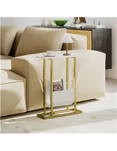 HOMCOM Narrow Side Table, End Table with Magazine Holder, Nightstand for Small Spaces, Living Room, Bedroom, White Marble Grain 2