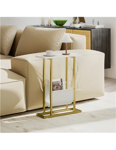 HOMCOM Narrow Side Table, End Table with Magazine Holder, Nightstand for Small Spaces, Living Room, Bedroom, White Marble Grain