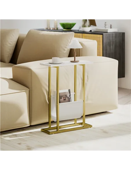 HOMCOM Narrow Side Table, End Table with Magazine Holder, Nightstand for Small Spaces, Living Room, Bedroom, White Marble Grain