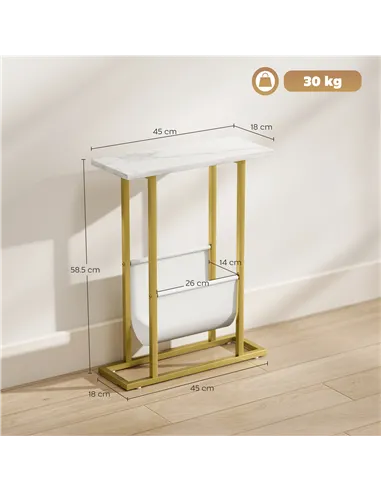 HOMCOM Narrow Side Table, End Table with Magazine Holder, Nightstand for Small Spaces, Living Room, Bedroom, White Marble Grain