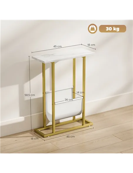 HOMCOM Narrow Side Table, End Table with Magazine Holder, Nightstand for Small Spaces, Living Room, Bedroom, White Marble Grain