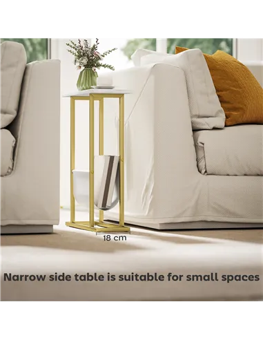 HOMCOM Narrow Side Table, End Table with Magazine Holder, Nightstand for Small Spaces, Living Room, Bedroom, White Marble Grain