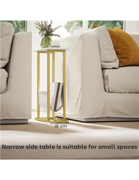 HOMCOM Narrow Side Table, End Table with Magazine Holder, Nightstand for Small Spaces, Living Room, Bedroom, White Marble Grain