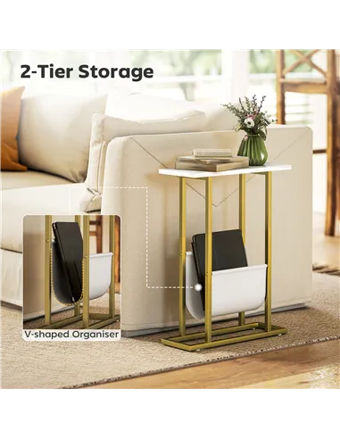 HOMCOM Narrow Side Table, End Table with Magazine Holder, Nightstand for Small Spaces, Living Room, Bedroom, White Marble Grain