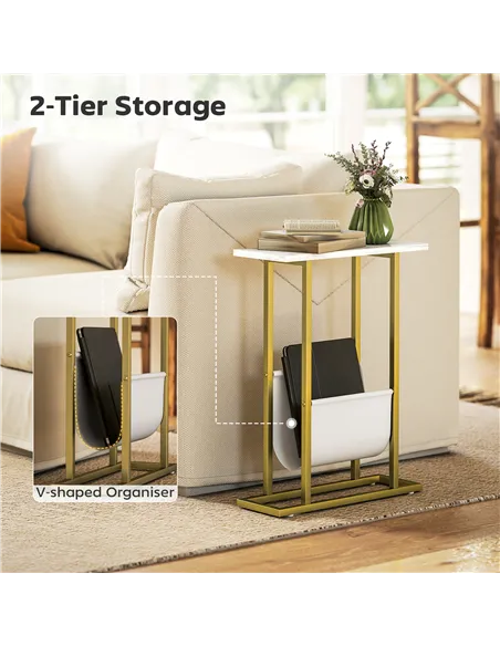 HOMCOM Narrow Side Table, End Table with Magazine Holder, Nightstand for Small Spaces, Living Room, Bedroom, White Marble Grain