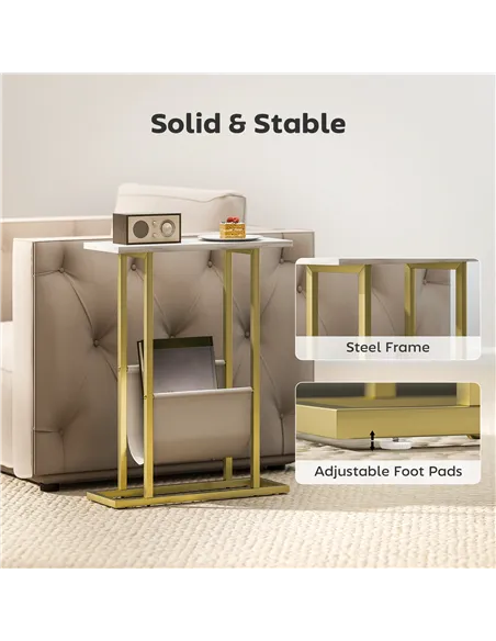 HOMCOM Narrow Side Table, End Table with Magazine Holder, Nightstand for Small Spaces, Living Room, Bedroom, White Marble Grain