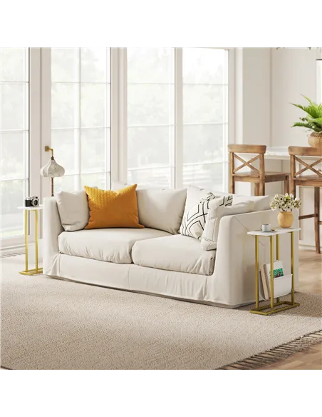 HOMCOM Narrow Side Table, End Table with Magazine Holder, Nightstand for Small Spaces, Living Room, Bedroom, White Marble Grain