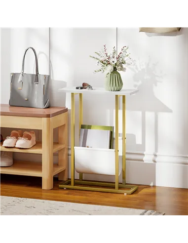 HOMCOM Narrow Side Table, End Table with Magazine Holder, Nightstand for Small Spaces, Living Room, Bedroom, White Marble Grain