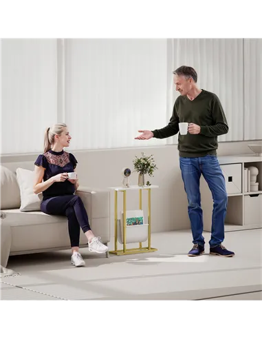 HOMCOM Narrow Side Table, End Table with Magazine Holder, Nightstand for Small Spaces, Living Room, Bedroom, White Marble Grain