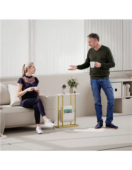 HOMCOM Narrow Side Table, End Table with Magazine Holder, Nightstand for Small Spaces, Living Room, Bedroom, White Marble Grain