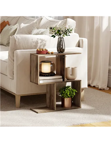 HOMCOM Side Table, Narrow End Table with Storage Shelves, S-Shaped, 3-Tier, 50W x 19.5D x 58H cm, Oak