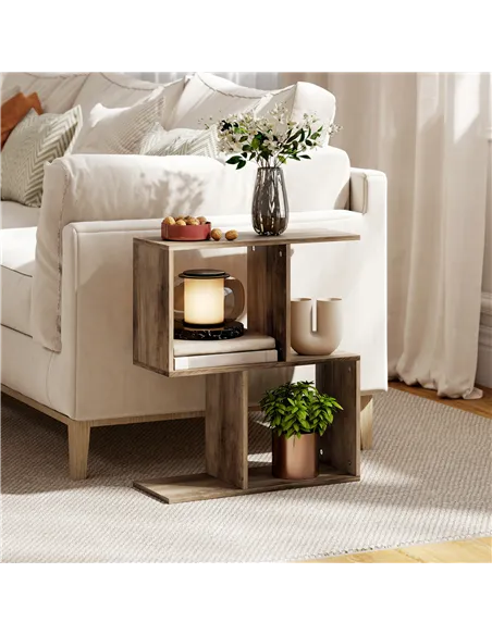 HOMCOM Side Table, Narrow End Table with Storage Shelves, S-Shaped, 3-Tier, 50W x 19.5D x 58H cm, Oak