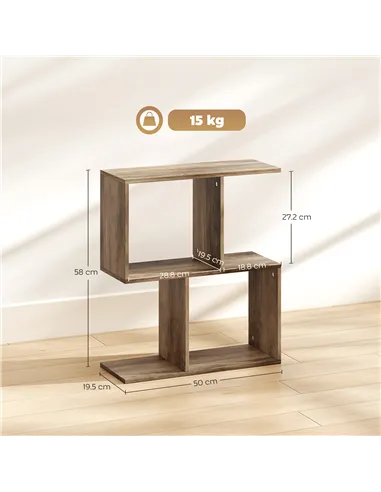 HOMCOM Side Table, Narrow End Table with Storage Shelves, S-Shaped, 3-Tier, 50W x 19.5D x 58H cm, Oak
