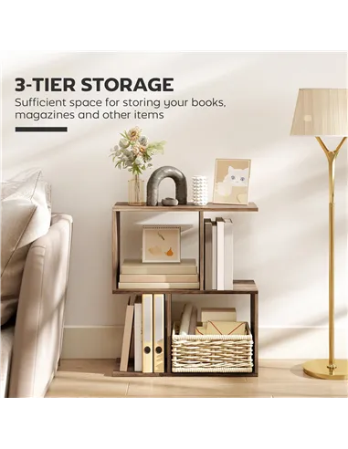 HOMCOM Side Table, Narrow End Table with Storage Shelves, S-Shaped, 3-Tier, 50W x 19.5D x 58H cm, Oak