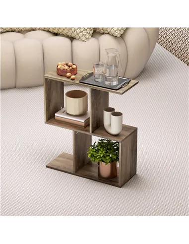 HOMCOM Side Table, Narrow End Table with Storage Shelves, S-Shaped, 3-Tier, 50W x 19.5D x 58H cm, Oak