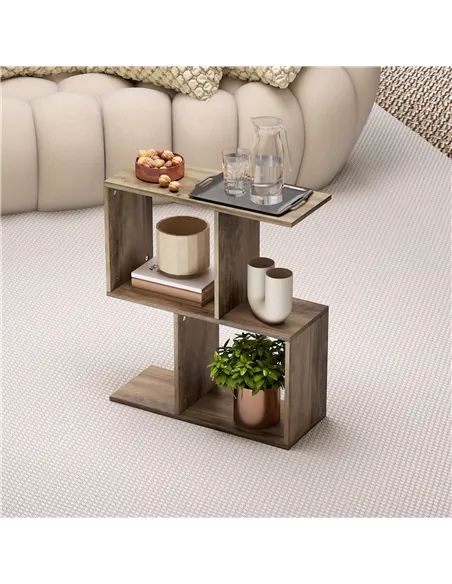 HOMCOM Side Table, Narrow End Table with Storage Shelves, S-Shaped, 3-Tier, 50W x 19.5D x 58H cm, Oak