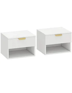 HOMCOM Floating Nightstands Set of 2, Modern Wall Mounted Bedside Tables with Fluted Drawer and Open Shelf for Bedroom, White