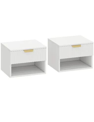 HOMCOM Floating Nightstands Set of 2, Modern Wall Mounted Bedside Tables with Fluted Drawer and Open Shelf for Bedroom, White