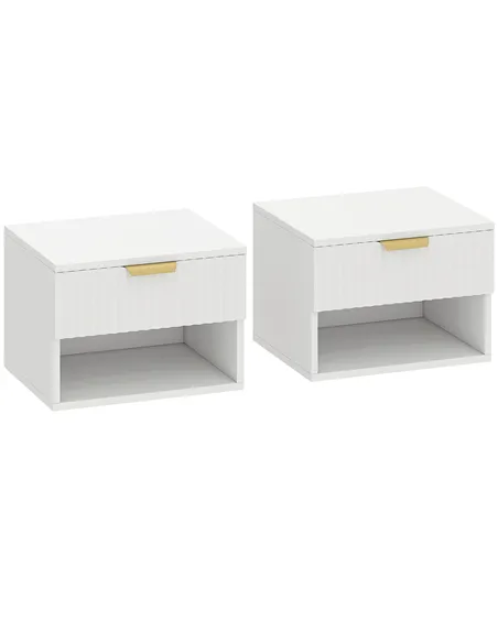 HOMCOM Floating Nightstands Set of 2, Modern Wall Mounted Bedside Tables with Fluted Drawer and Open Shelf for Bedroom, White
