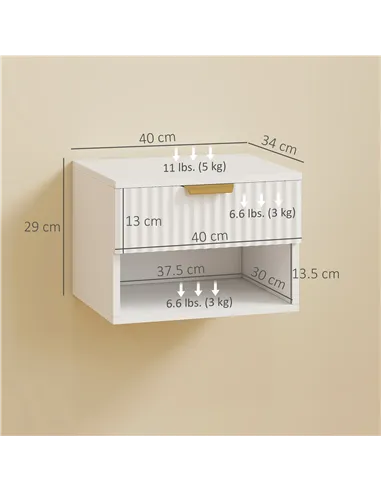 HOMCOM Floating Nightstands Set of 2, Modern Wall Mounted Bedside Tables with Fluted Drawer and Open Shelf for Bedroom, White