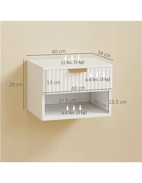 HOMCOM Floating Nightstands Set of 2, Modern Wall Mounted Bedside Tables with Fluted Drawer and Open Shelf for Bedroom, White