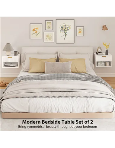 HOMCOM Floating Nightstands Set of 2, Modern Wall Mounted Bedside Tables with Fluted Drawer and Open Shelf for Bedroom, White