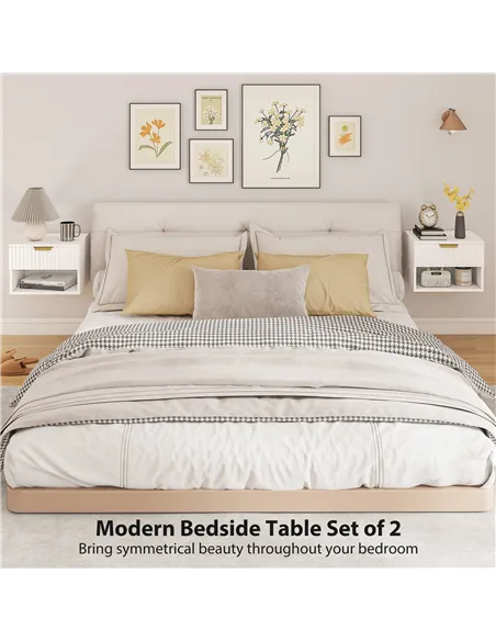 HOMCOM Floating Nightstands Set of 2, Modern Wall Mounted Bedside Tables with Fluted Drawer and Open Shelf for Bedroom, White