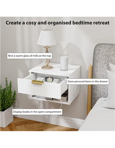 HOMCOM Floating Nightstands Set of 2, Modern Wall Mounted Bedside Tables with Fluted Drawer and Open Shelf for Bedroom, White