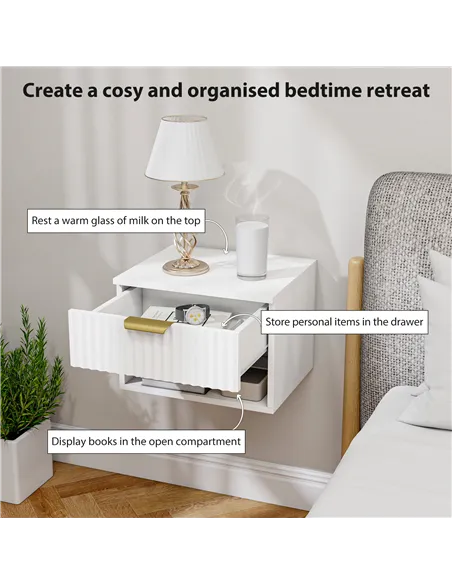 HOMCOM Floating Nightstands Set of 2, Modern Wall Mounted Bedside Tables with Fluted Drawer and Open Shelf for Bedroom, White