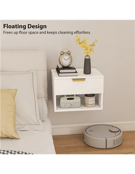 HOMCOM Floating Nightstands Set of 2, Modern Wall Mounted Bedside Tables with Fluted Drawer and Open Shelf for Bedroom, White