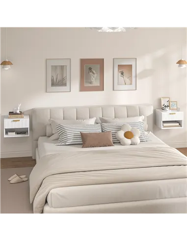 HOMCOM Floating Nightstands Set of 2, Modern Wall Mounted Bedside Tables with Fluted Drawer and Open Shelf for Bedroom, White