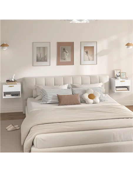 HOMCOM Floating Nightstands Set of 2, Modern Wall Mounted Bedside Tables with Fluted Drawer and Open Shelf for Bedroom, White
