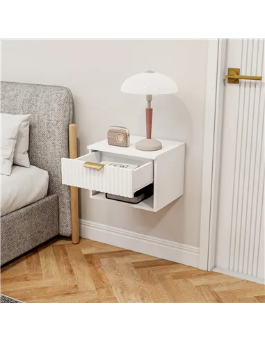 HOMCOM Floating Nightstands Set of 2, Modern Wall Mounted Bedside Tables with Fluted Drawer and Open Shelf for Bedroom, White