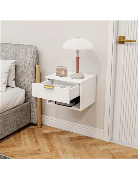 HOMCOM Floating Nightstands Set of 2, Modern Wall Mounted Bedside Tables with Fluted Drawer and Open Shelf for Bedroom, White