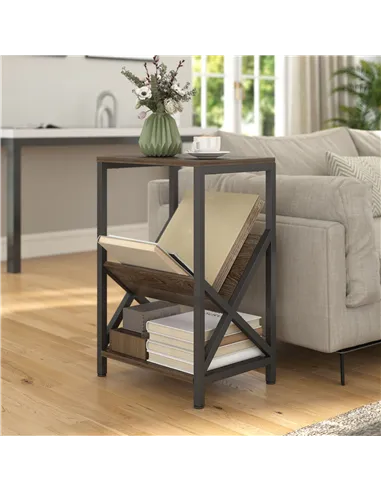 HOMCOM Narrow Side Table, End Table with 3-Tier Storage, V-Shaped Magazine Holder for Living Room, Bedroom, 40 x 30 x 61cm, Oak