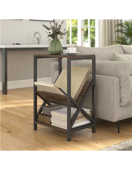 HOMCOM Narrow Side Table, End Table with 3-Tier Storage, V-Shaped Magazine Holder for Living Room, Bedroom, 40 x 30 x 61cm, Oak