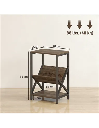 HOMCOM Narrow Side Table, End Table with 3-Tier Storage, V-Shaped Magazine Holder for Living Room, Bedroom, 40 x 30 x 61cm, Oak