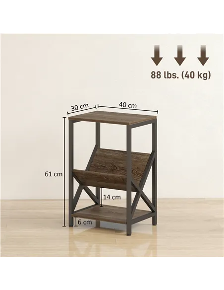 HOMCOM Narrow Side Table, End Table with 3-Tier Storage, V-Shaped Magazine Holder for Living Room, Bedroom, 40 x 30 x 61cm, Oak