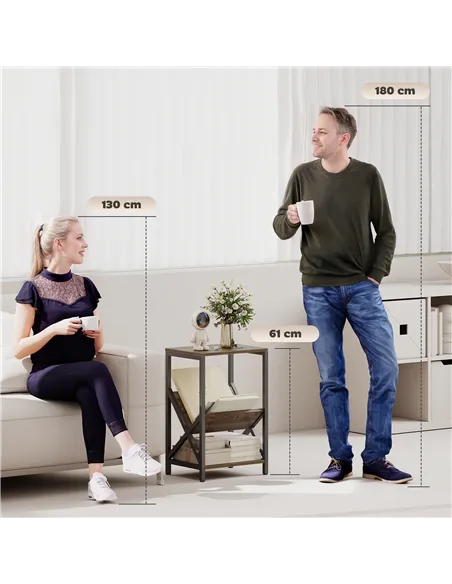 HOMCOM Narrow Side Table, End Table with 3-Tier Storage, V-Shaped Magazine Holder for Living Room, Bedroom, 40 x 30 x 61cm, Oak