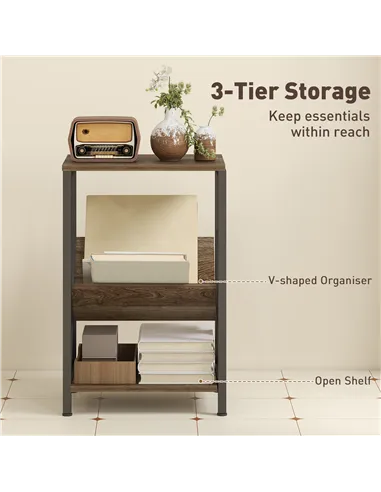 HOMCOM Narrow Side Table, End Table with 3-Tier Storage, V-Shaped Magazine Holder for Living Room, Bedroom, 40 x 30 x 61cm, Oak