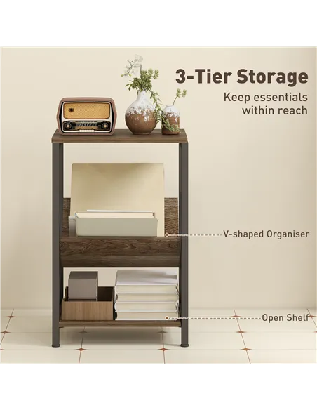 HOMCOM Narrow Side Table, End Table with 3-Tier Storage, V-Shaped Magazine Holder for Living Room, Bedroom, 40 x 30 x 61cm, Oak