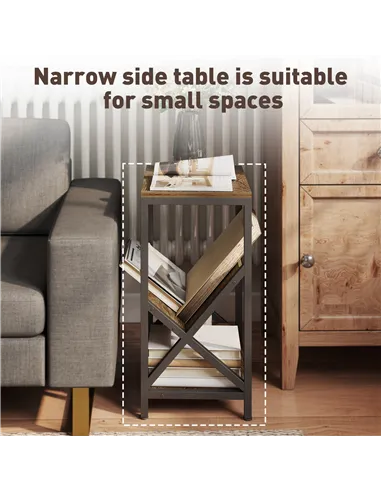 HOMCOM Narrow Side Table, End Table with 3-Tier Storage, V-Shaped Magazine Holder for Living Room, Bedroom, 40 x 30 x 61cm, Oak