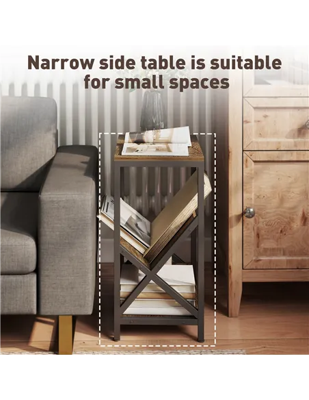 HOMCOM Narrow Side Table, End Table with 3-Tier Storage, V-Shaped Magazine Holder for Living Room, Bedroom, 40 x 30 x 61cm, Oak