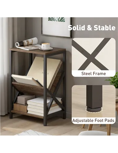 HOMCOM Narrow Side Table, End Table with 3-Tier Storage, V-Shaped Magazine Holder for Living Room, Bedroom, 40 x 30 x 61cm, Oak